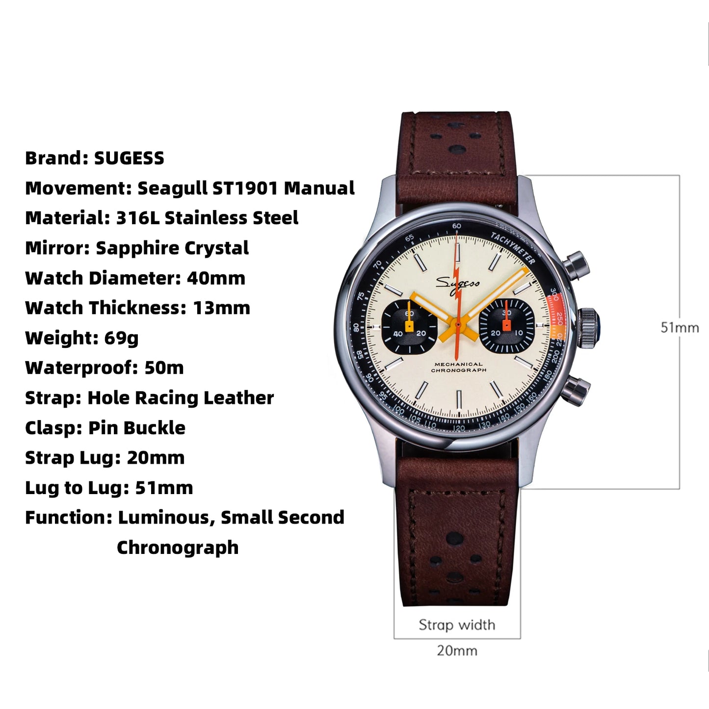 SUGESS Watch of Men Chronograph Mechanical Wristwatches Tianjin ST19 Swanneck Movement Pilot Men's Watch Sapphire Crystal Gift V2