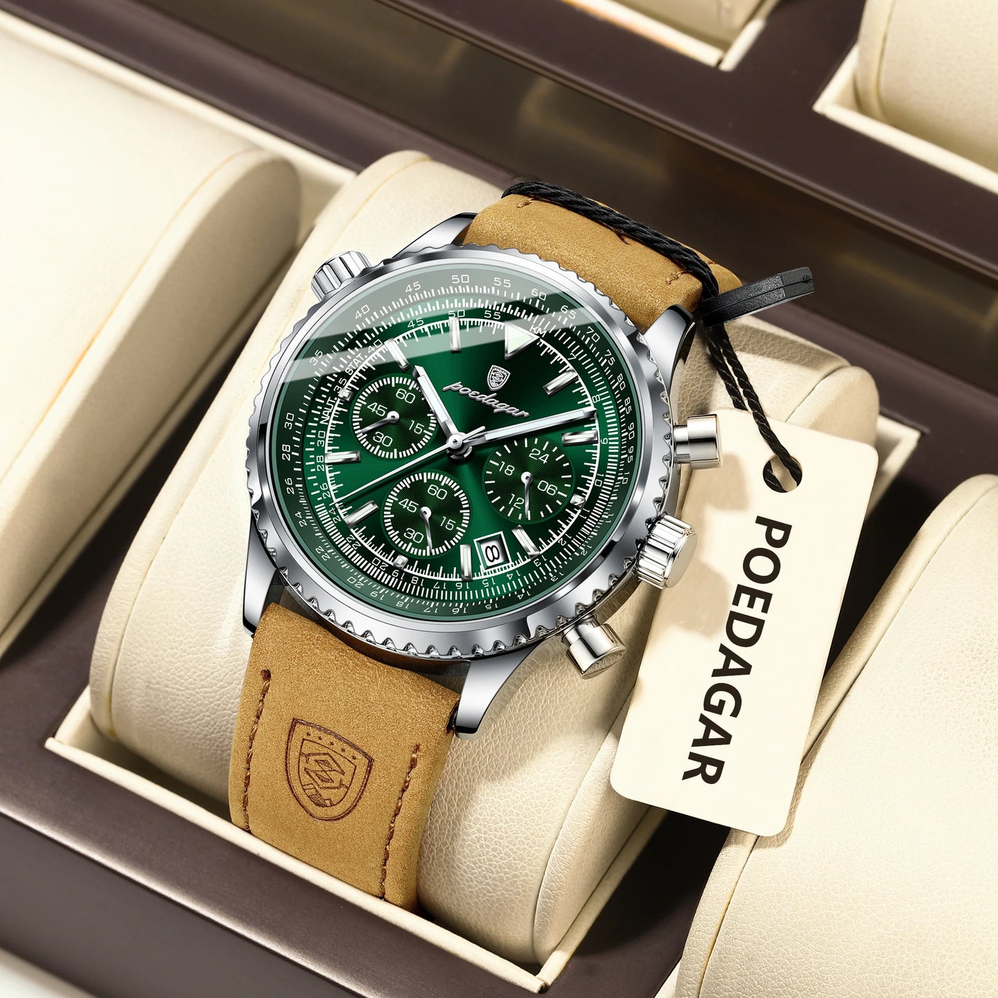 POEDAGAR Men's Luxury Business Luxury Business Watch Waterproof Choreograph Date Leather Quratz Wristwatch Date