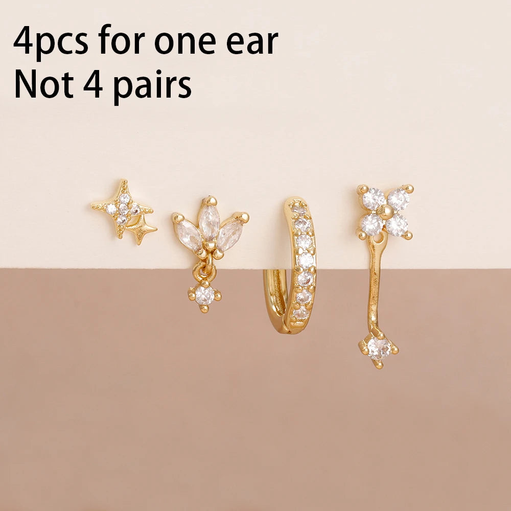 4-Pieces Zircon Star Moon Flower Small Hoop Earrings Set for Women