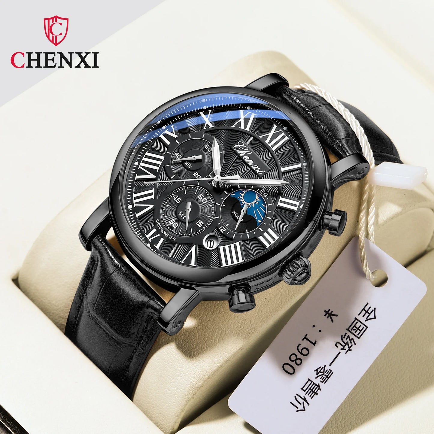 CHENXI 923 Men's Fashion Watch- Moon Phase, Roman Numeral Dial & Leather Strap