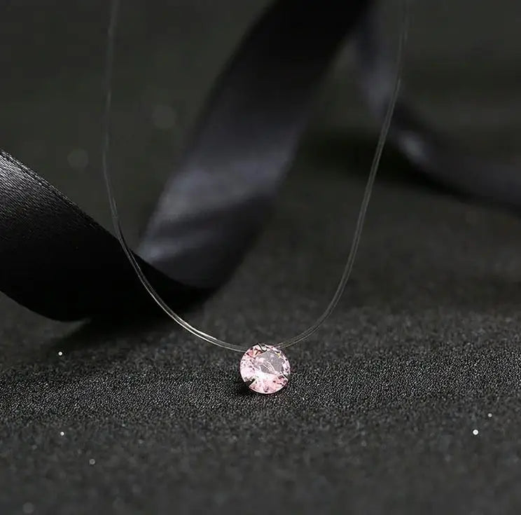 Crystal Zircon Water Drop Pendant Necklace - Invisible Chain Choker for Women