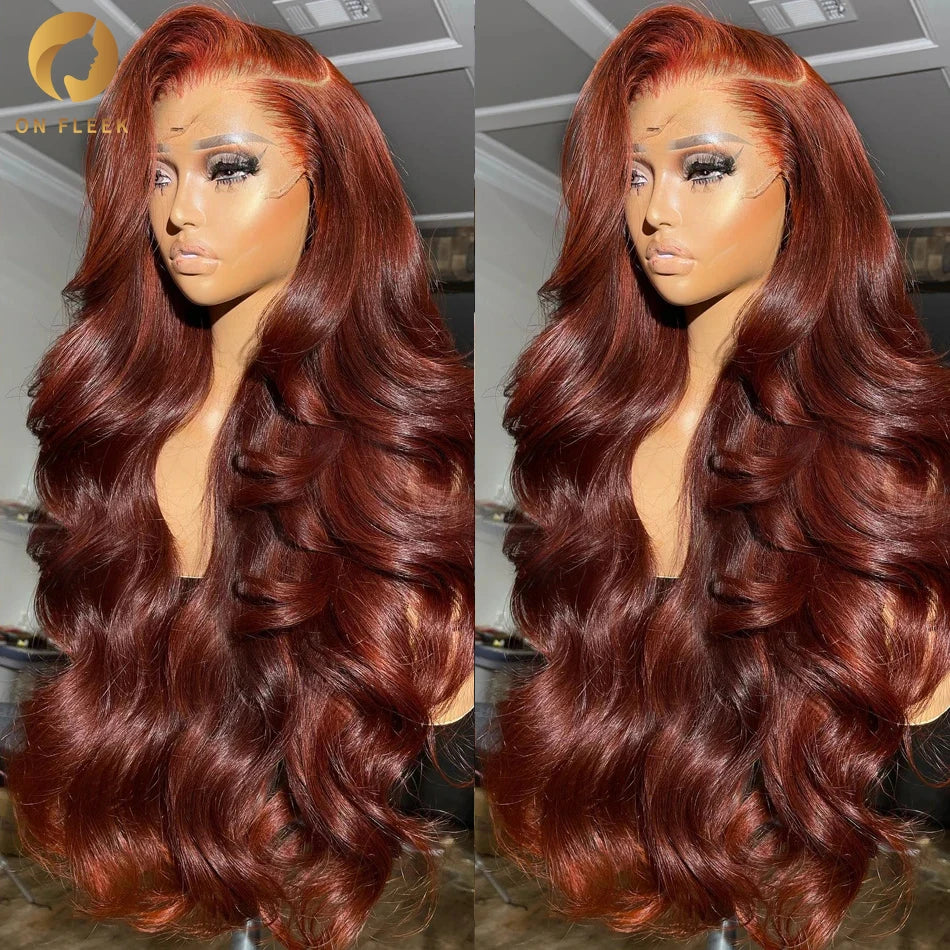 13x4 Reddish Brown Body Wave Lace Front Wig Human Hair HD Lace Pre-Plucked 4x4 Closure
