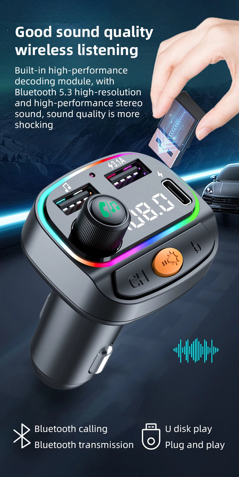 Car Bluetooth 5.3 M Transmitter - Wireless MP3 Player with Type - C Quick Charge Adapter