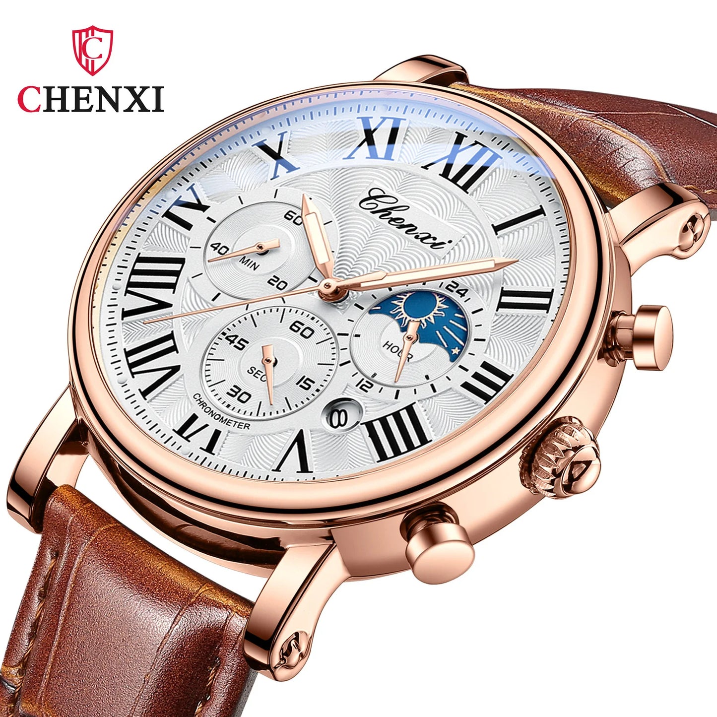 CHENXI 923 Men's Fashion Watch- Moon Phase, Roman Numeral Dial & Leather Strap
