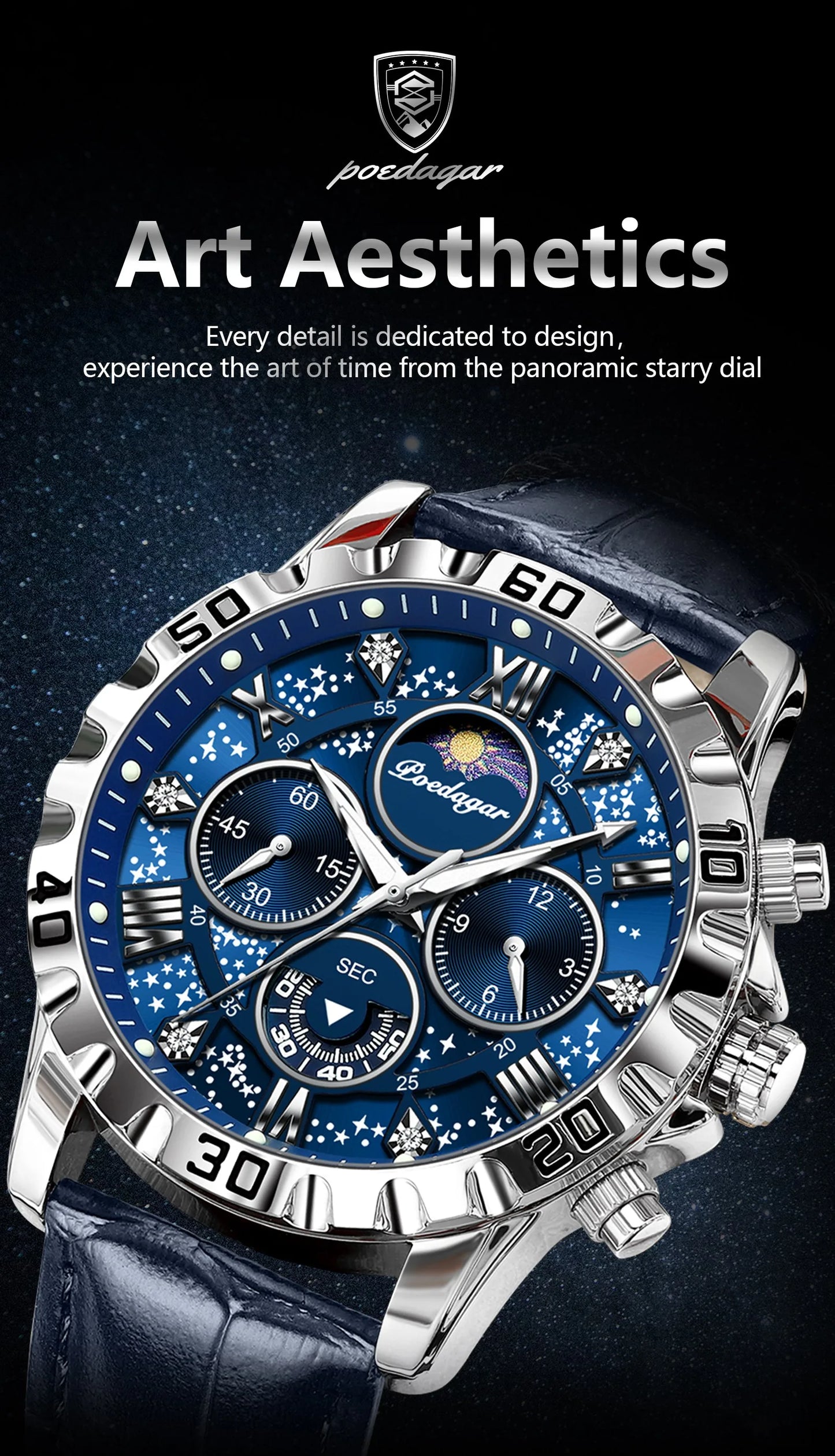 POEDAGAR men's Luxury Fashion Watch Waterproof Chronograph Leather Quartz Wriswatch