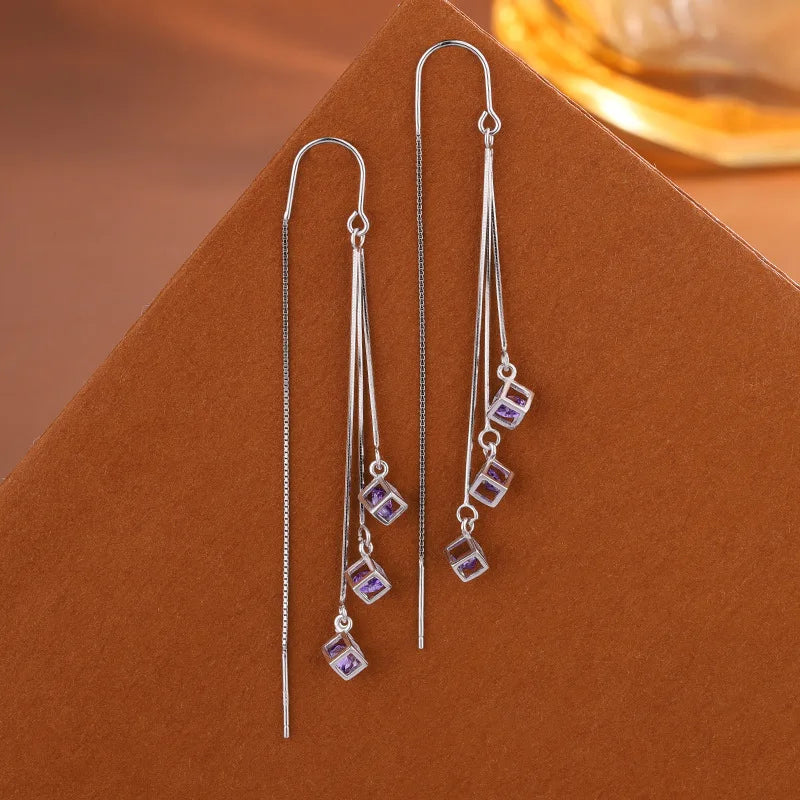 Crstal Zirconia Square Tassel Drop Earrings