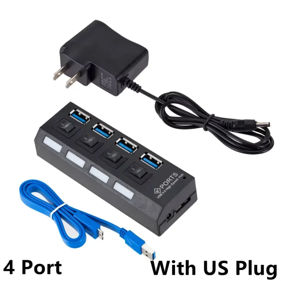 USB 3.0 HUB - High Speed 4/7 Port Splitter with power Adapter & On/ Off Switch