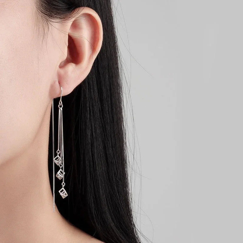 Crstal Zirconia Square Tassel Drop Earrings
