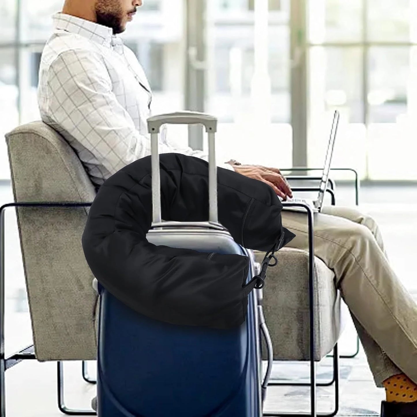 Travel Neck Pillow with Fillable Clothing U-shaped Velvet Cover & Extra Storage Bag