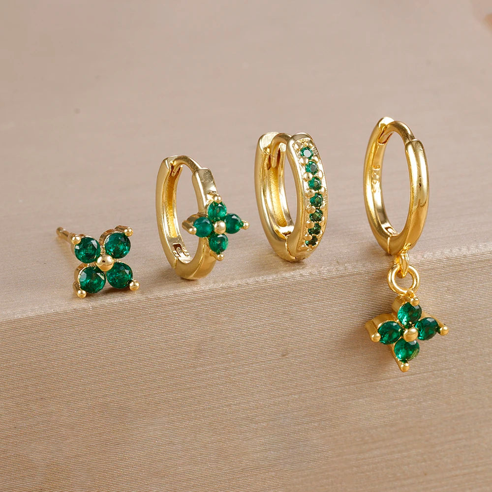 4Pcs Cubic Zirconia Flower Hoop Earrings Set 18k Gold- & Silver-Plated Stainless Steel