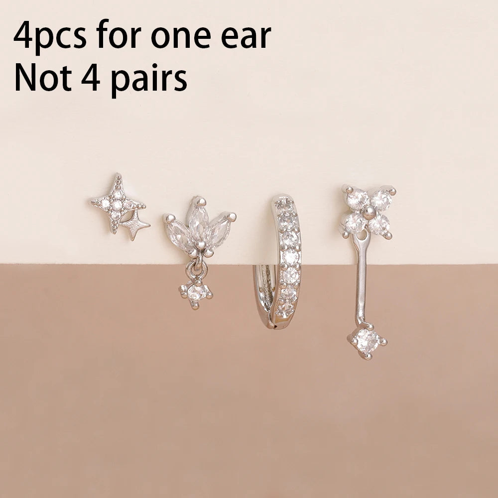 4-Pieces Zircon Star Moon Flower Small Hoop Earrings Set for Women
