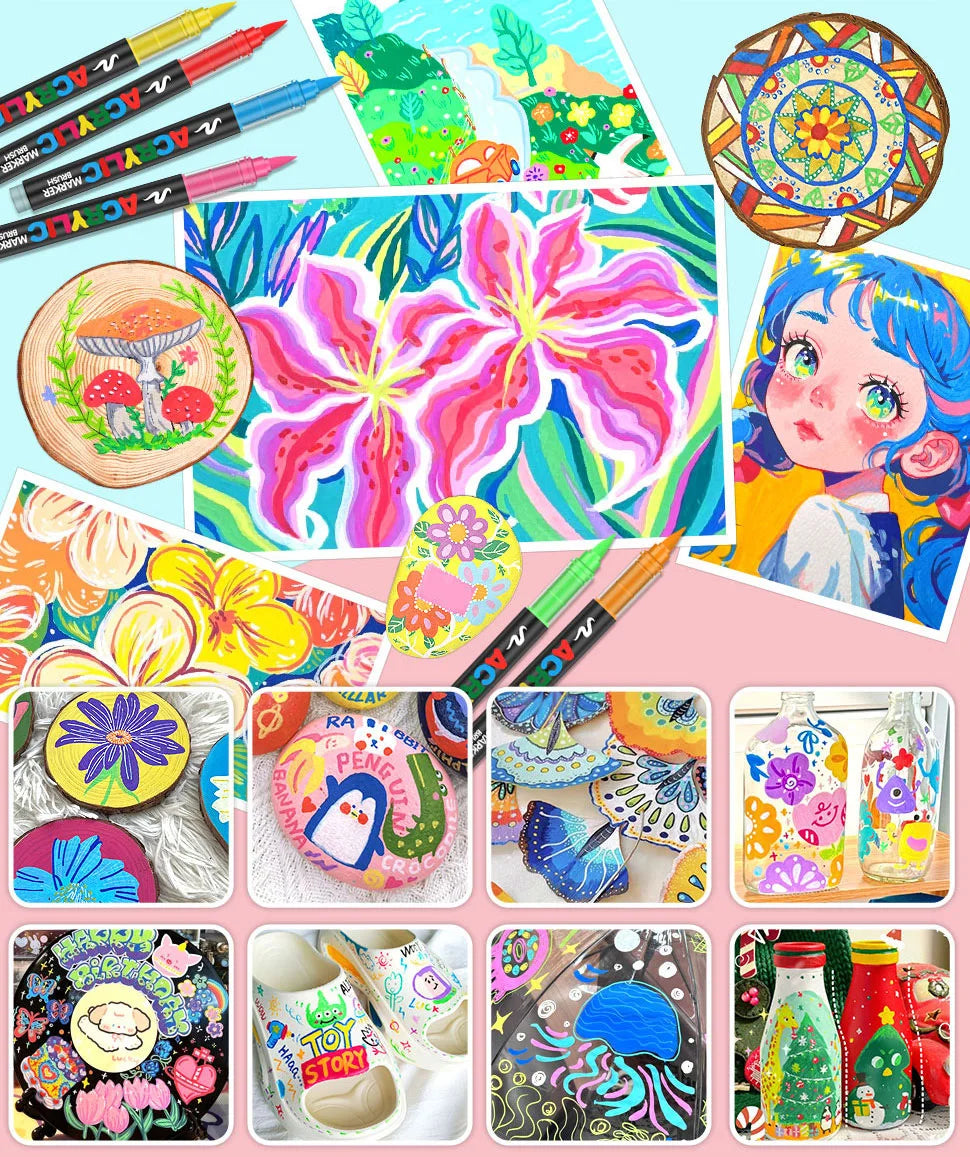12-366 Colors Acrylic Set- Waterproof Art Brush Pens for Drawing