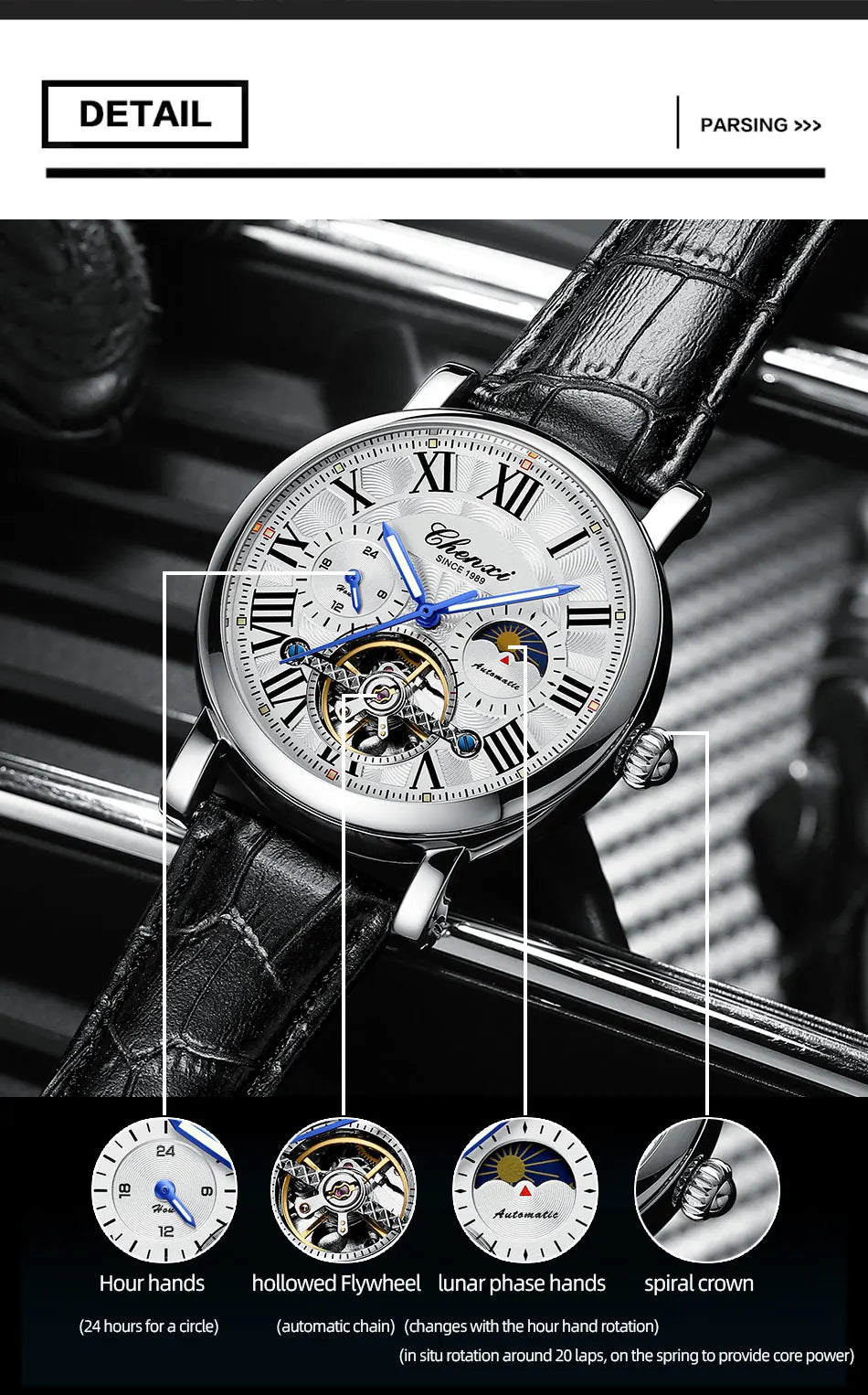 Watch For Men Business Fashion Genuine Leather Waterproof Mechanical Watch New 2024