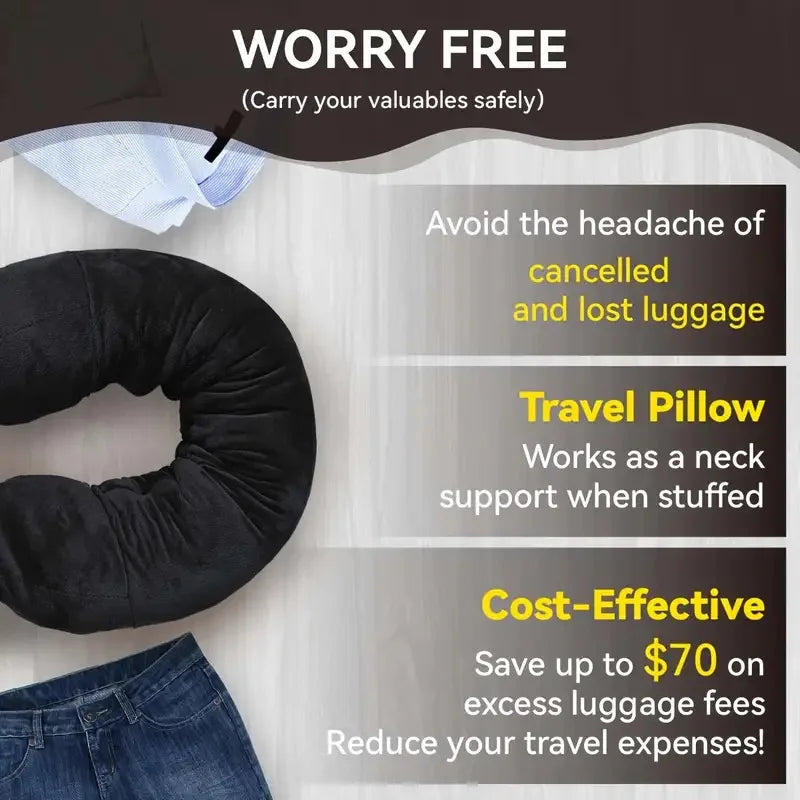 Travel Neck Pillow with Fillable Clothing U-shaped Velvet Cover & Extra Storage Bag