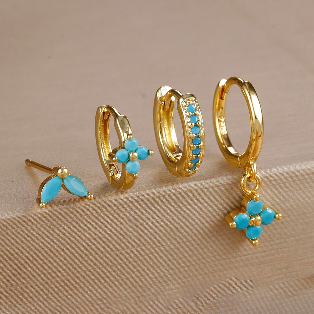 4Pcs Cubic Zirconia Flower Hoop Earrings Set 18k Gold- & Silver-Plated Stainless Steel