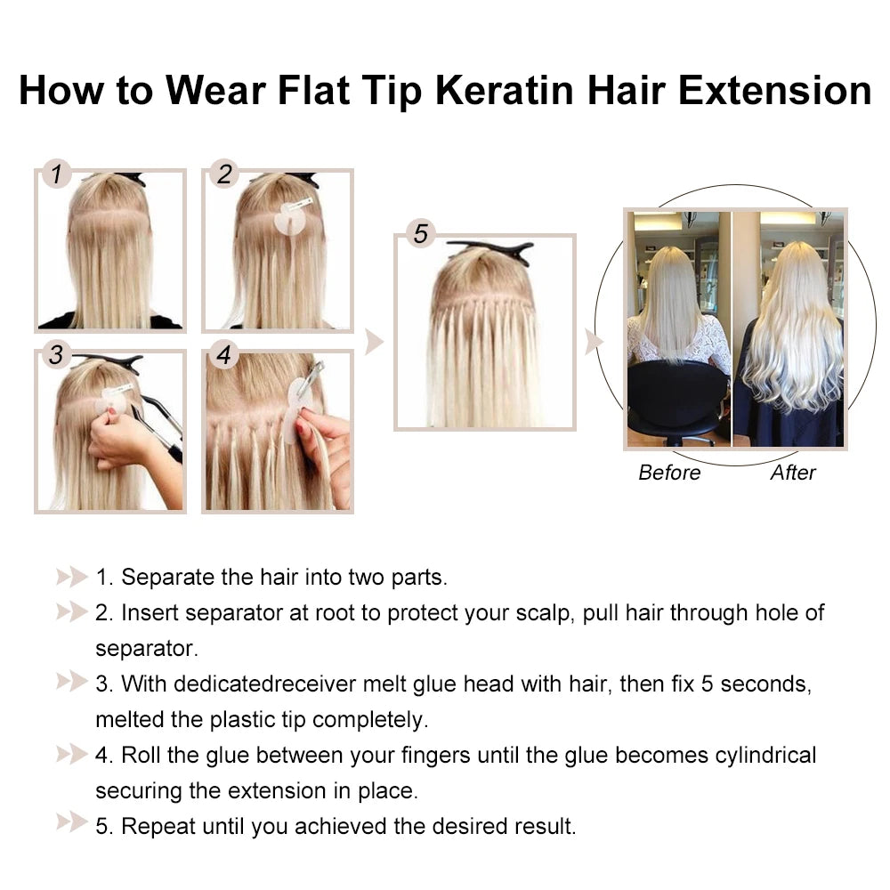 Straight Human Hair Extensions - Fusion Flat Tip Keratin Bond Natural Hair