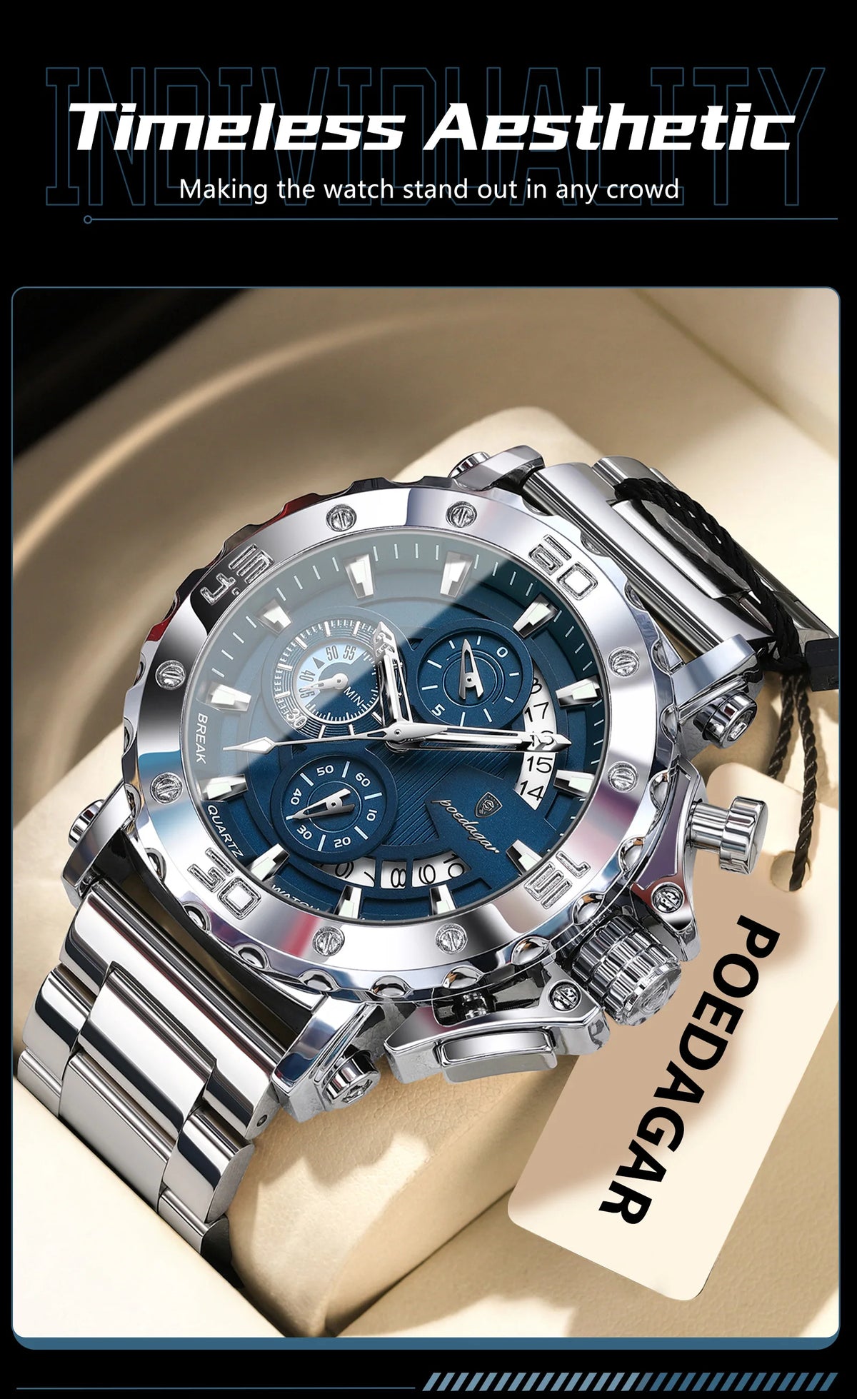 POEDAGAR 892 Men's Stainless Steel Quartz Watch