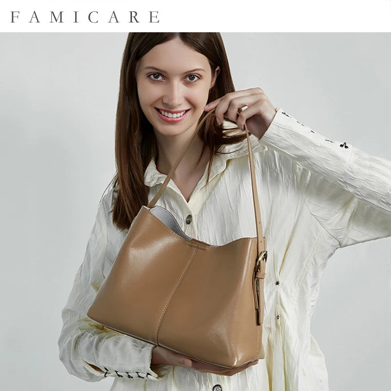 Luxury 100% Genuine Cowhide Leather Tote Bucket Bag