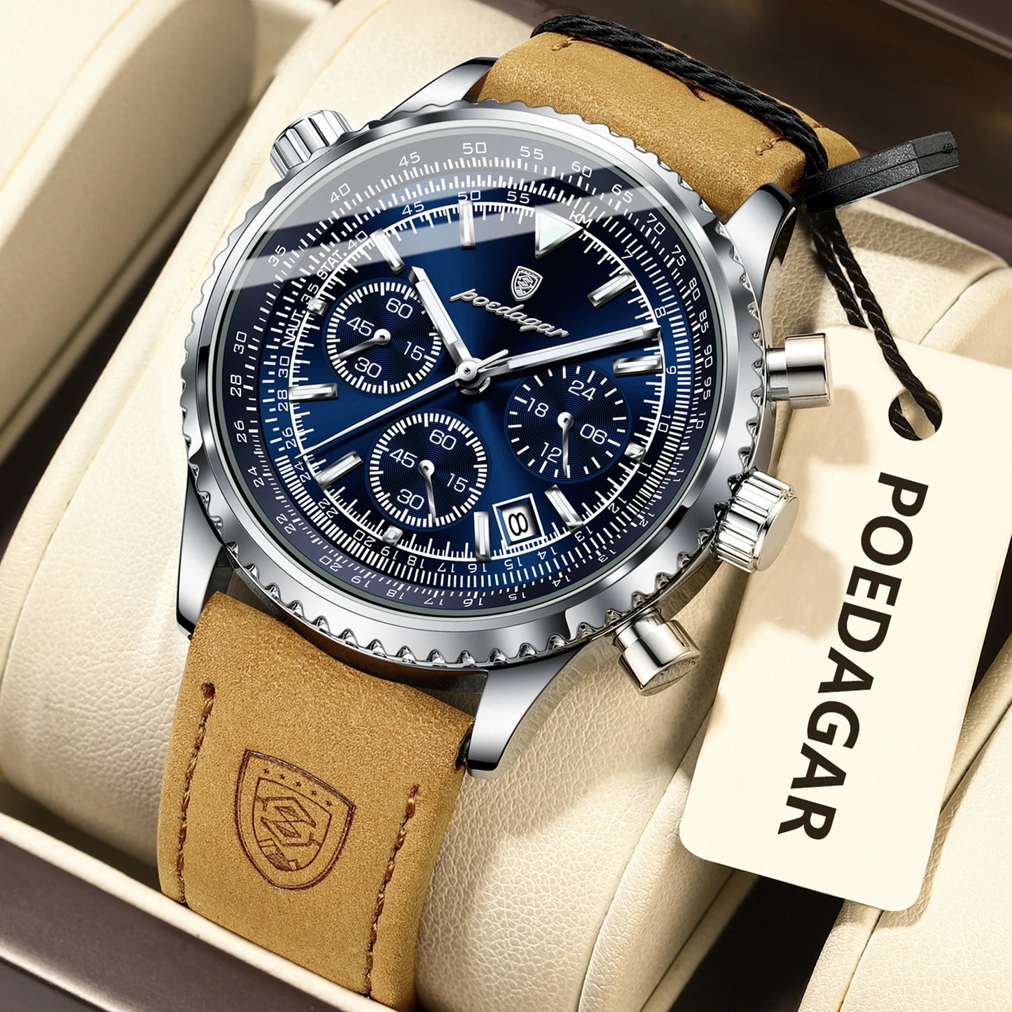 POEDAGAR Men's Luxury Business Luxury Business Watch Waterproof Choreograph Date Leather Quratz Wristwatch Date