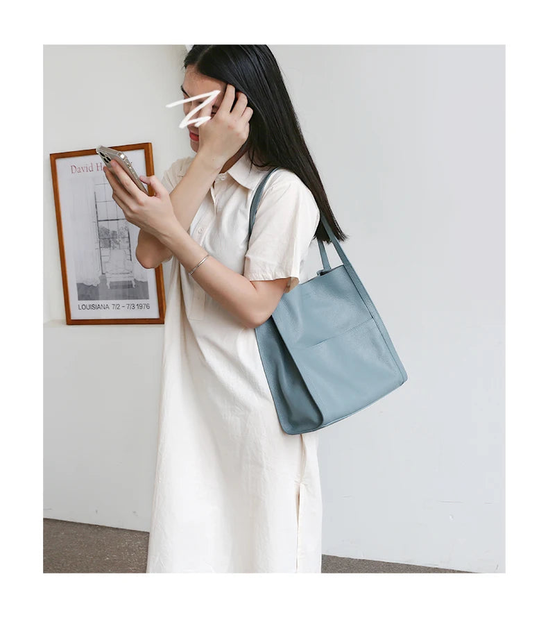 Luxury 100% Genuine Cowhide Leather Tote Bucket Bag