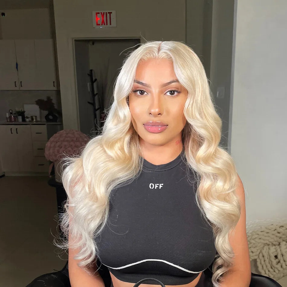 13x4 Lace Front Wig 613 Blond Body Wave Brazilian Human Hair 220 Density Pre- Plucked