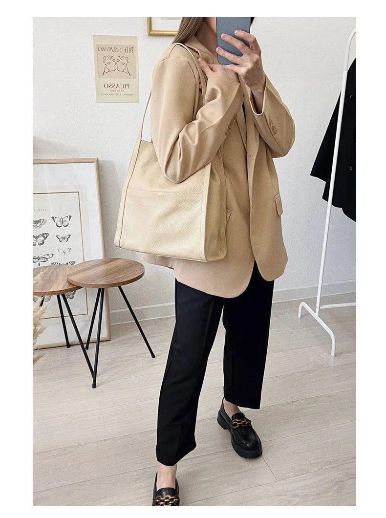 Luxury 100% Genuine Cowhide Leather Tote Bucket Bag