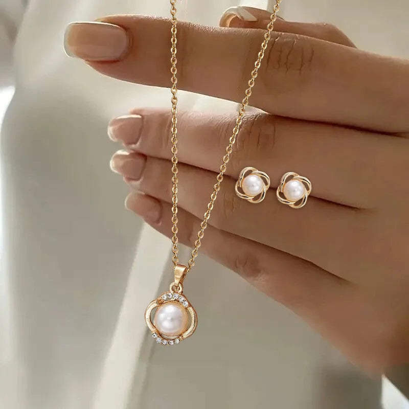 Pearl Pendant Necklace Set for Women - 3 Pcs Rhinestone Earring & Necklace Jewelry Gift Set