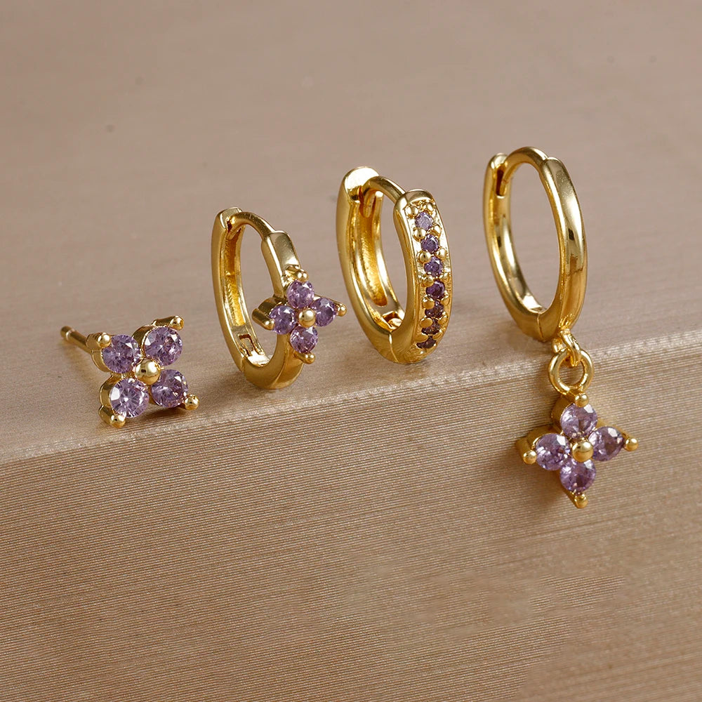 4Pcs Cubic Zirconia Flower Hoop Earrings Set 18k Gold- & Silver-Plated Stainless Steel
