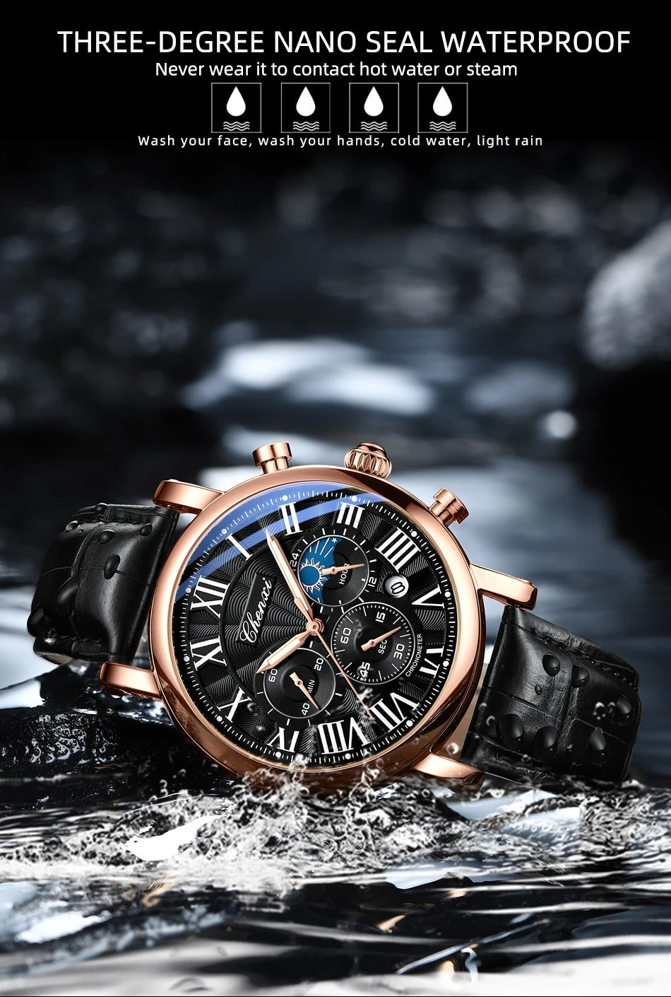 CHENXI 1973 Chronograph Watch- Moon Phase, Date Display & Leather Strap