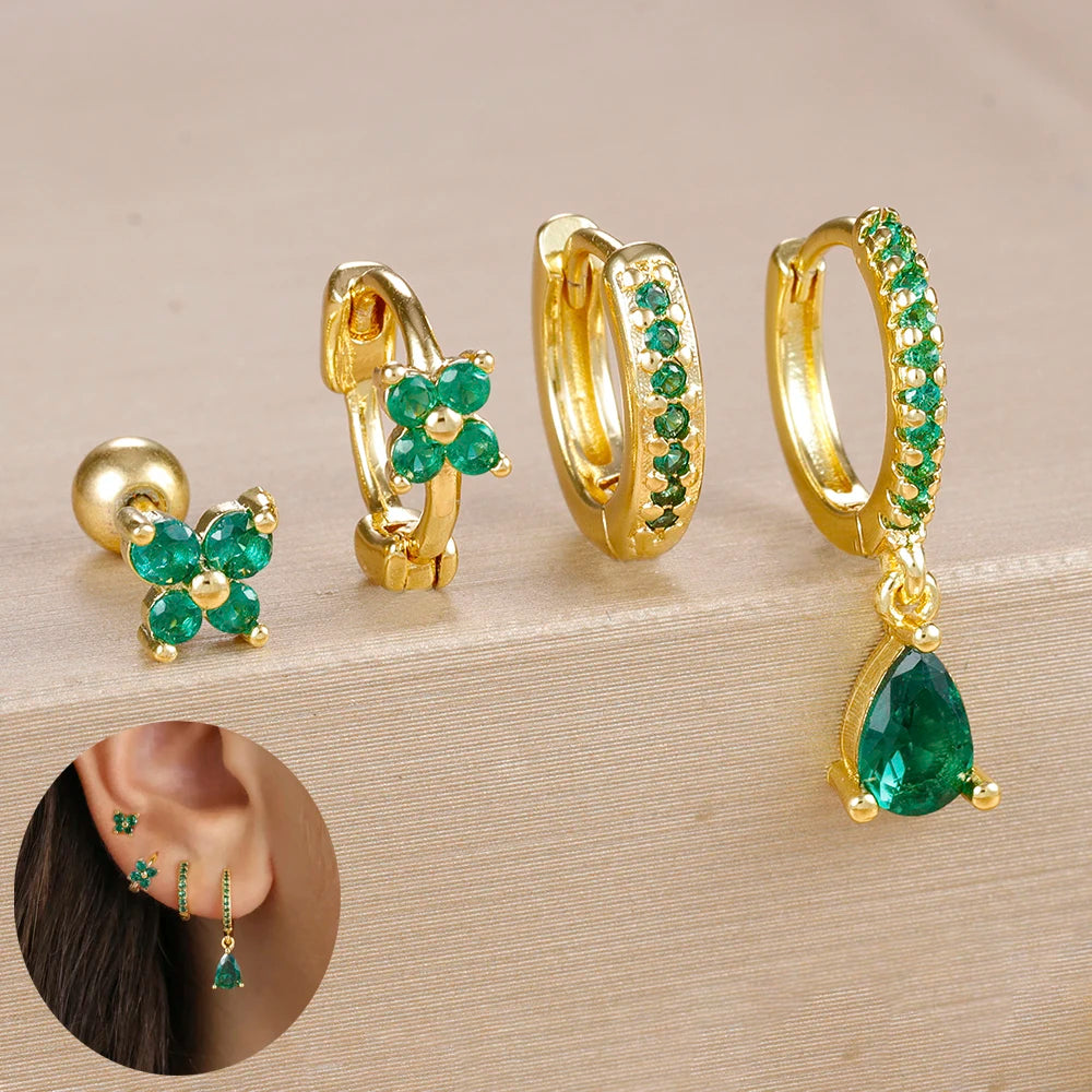 4-Pieces Zircon Star Moon Flower Small Hoop Earrings Set for Women