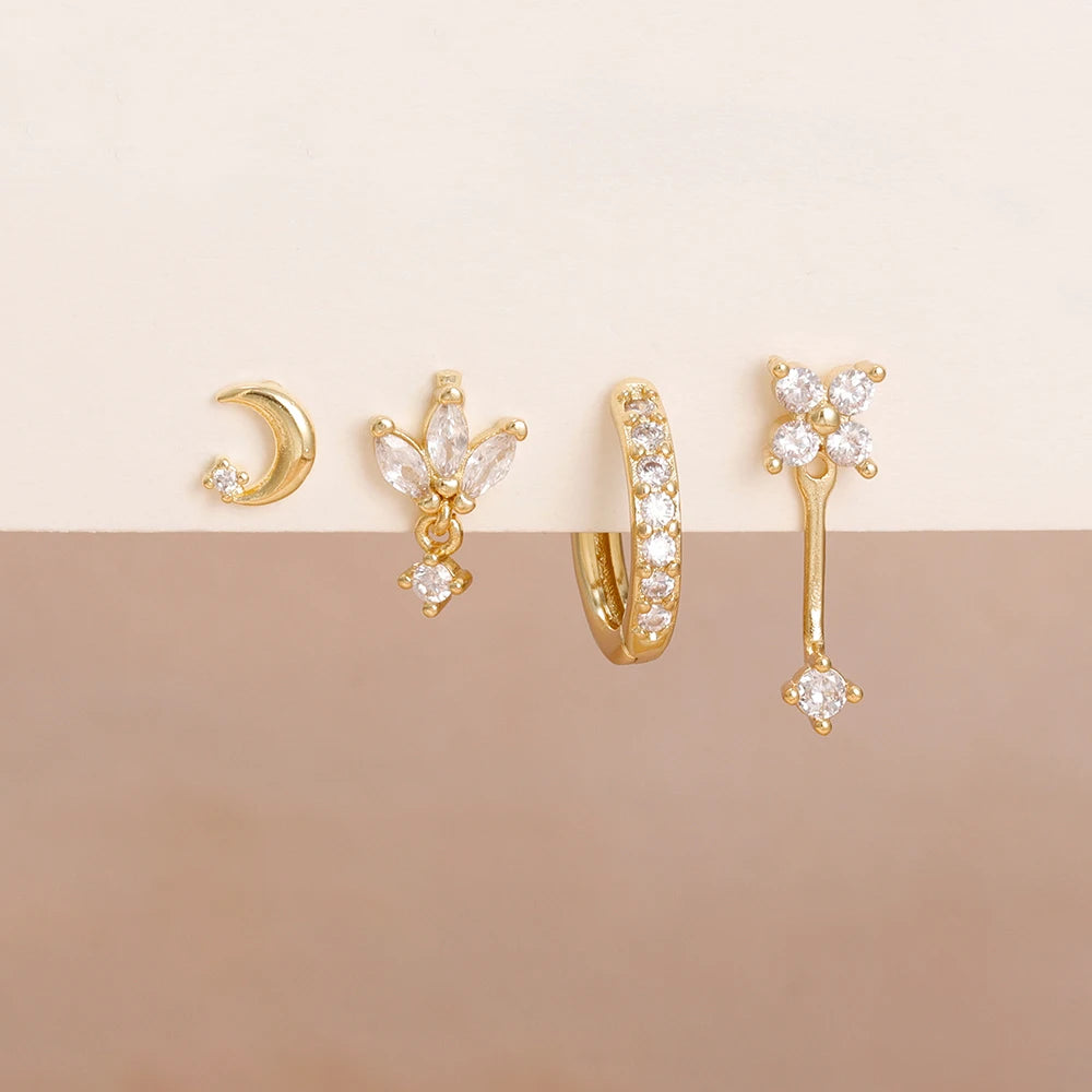 4-Pieces Zircon Star Moon Flower Small Hoop Earrings Set for Women