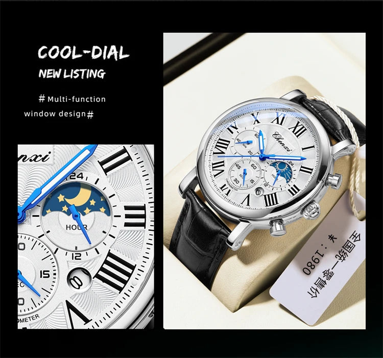 CHENXI 923 Men's Fashion Watch- Moon Phase, Roman Numeral Dial & Leather Strap