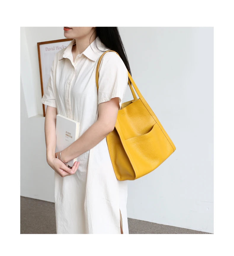 Luxury 100% Genuine Cowhide Leather Tote Bucket Bag