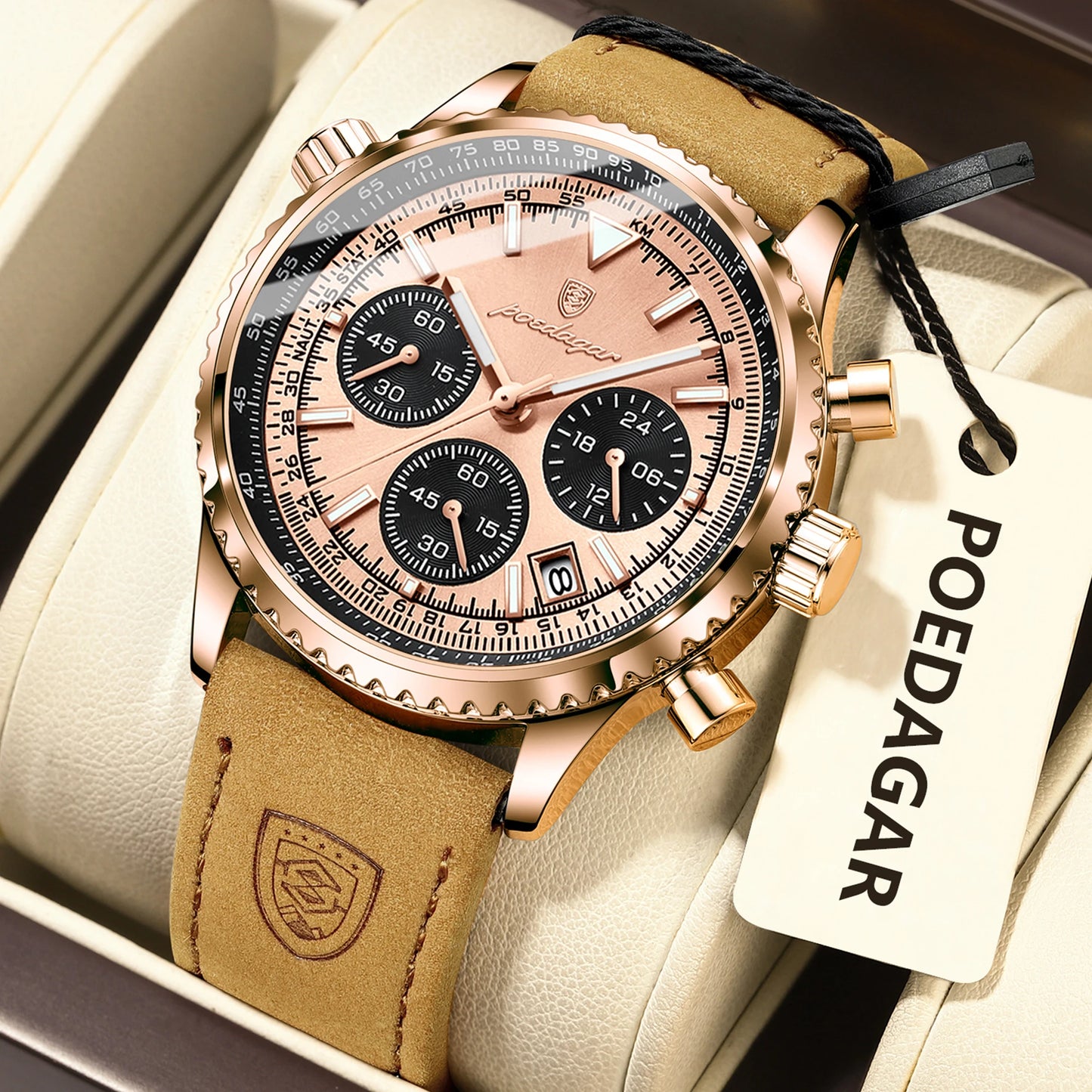 POEDAGAR Men's Luxury Business Luxury Business Watch Waterproof Choreograph Date Leather Quratz Wristwatch Date