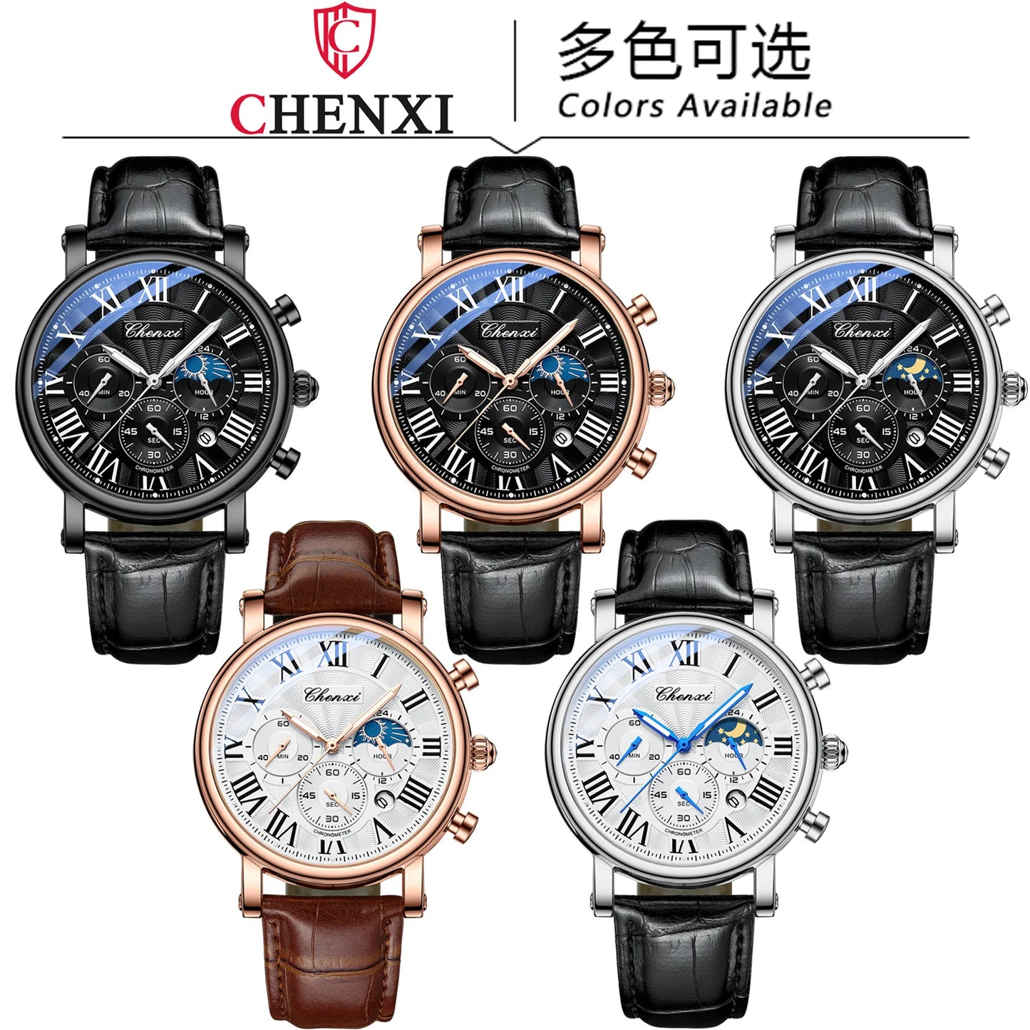 CHENXI 923 Men's Fashion Watch- Moon Phase, Roman Numeral Dial & Leather Strap