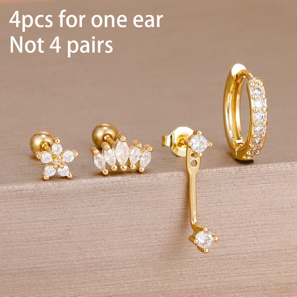 4-Pieces Zircon Star Moon Flower Small Hoop Earrings Set for Women