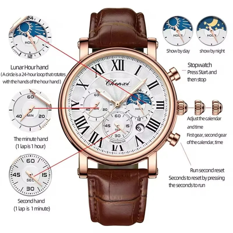 CHENXI 923 Men's Fashion Watch- Moon Phase, Roman Numeral Dial & Leather Strap