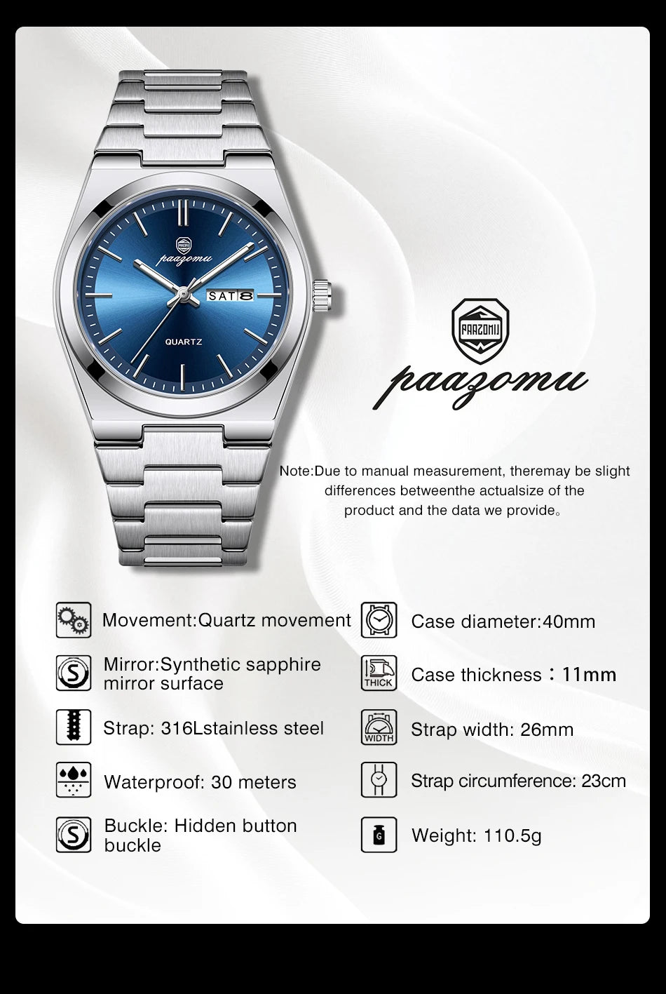 PAAZOMU Luxury Quartz Men's Watch Sport Waterproof Wristwatch