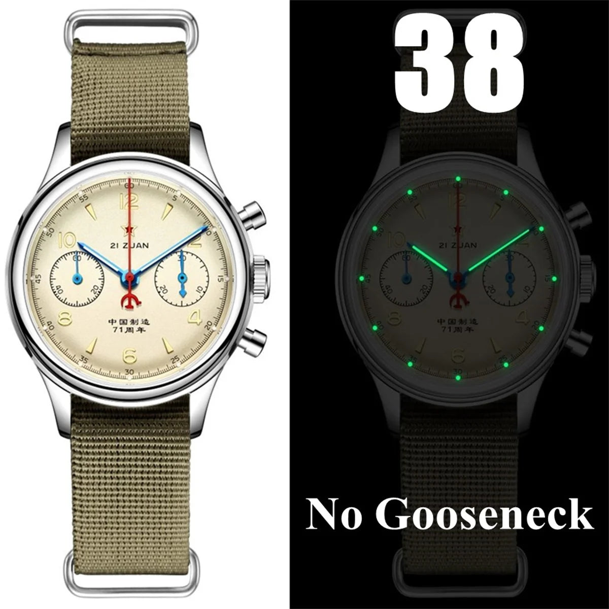 RED STAR  38mm 1963 Men's Chronograph Mechanical Watch - Pilot's Choice Aviation Timepieces.