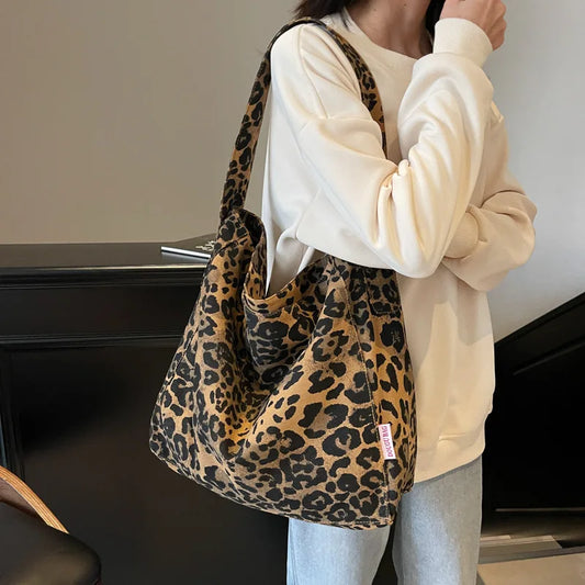 Vintage Leopard Canvas Tote Bag Large Shoulder Shopper Bag for Women Fashion Designer Handbag 2026