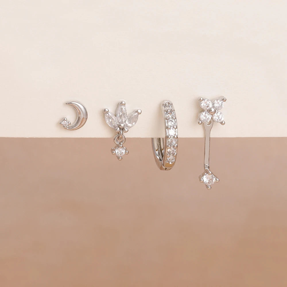 4-Pieces Zircon Star Moon Flower Small Hoop Earrings Set for Women