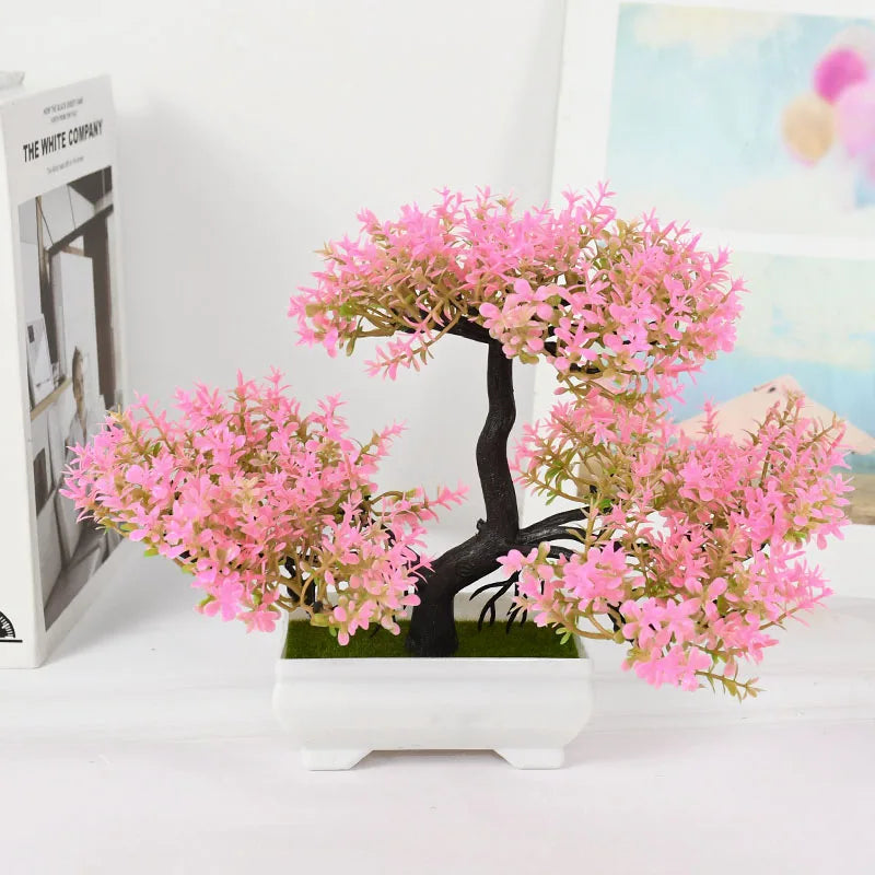Artificial Bonsai Tree with Flower-Fake Potted Plant for Home Room & Garden Decoration