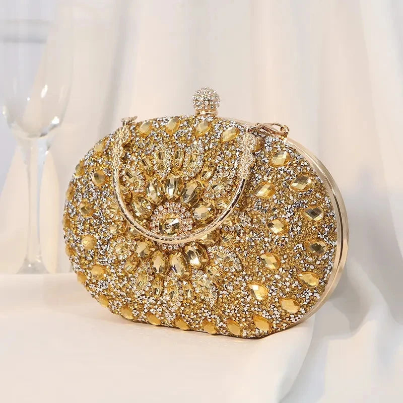 Gold Round Bag Luxury Brand Rhinestone Clutch Bags for Women