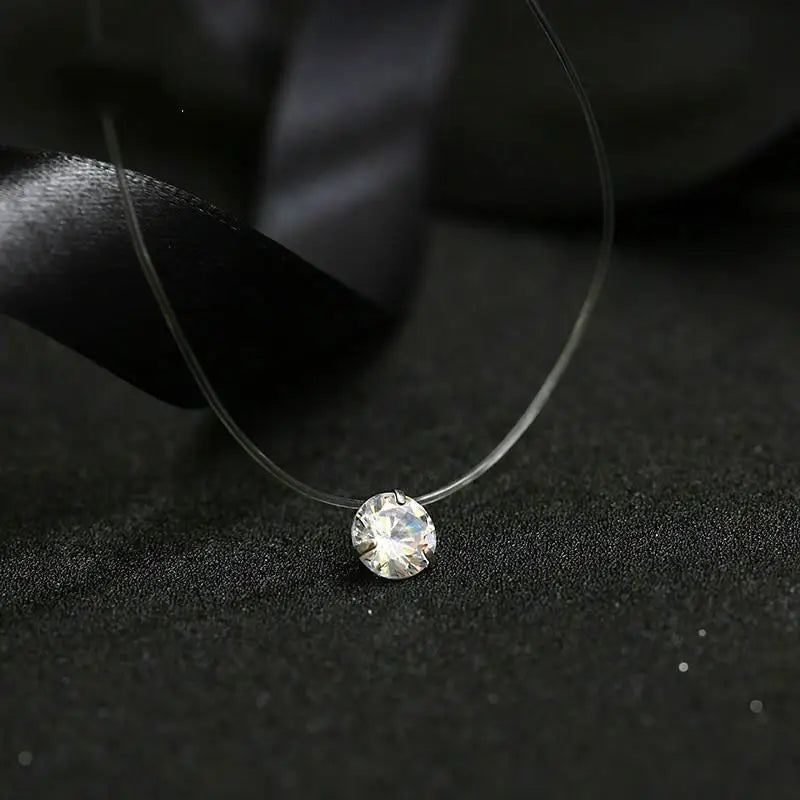 Crystal Zircon Water Drop Pendant Necklace - Invisible Chain Choker for Women