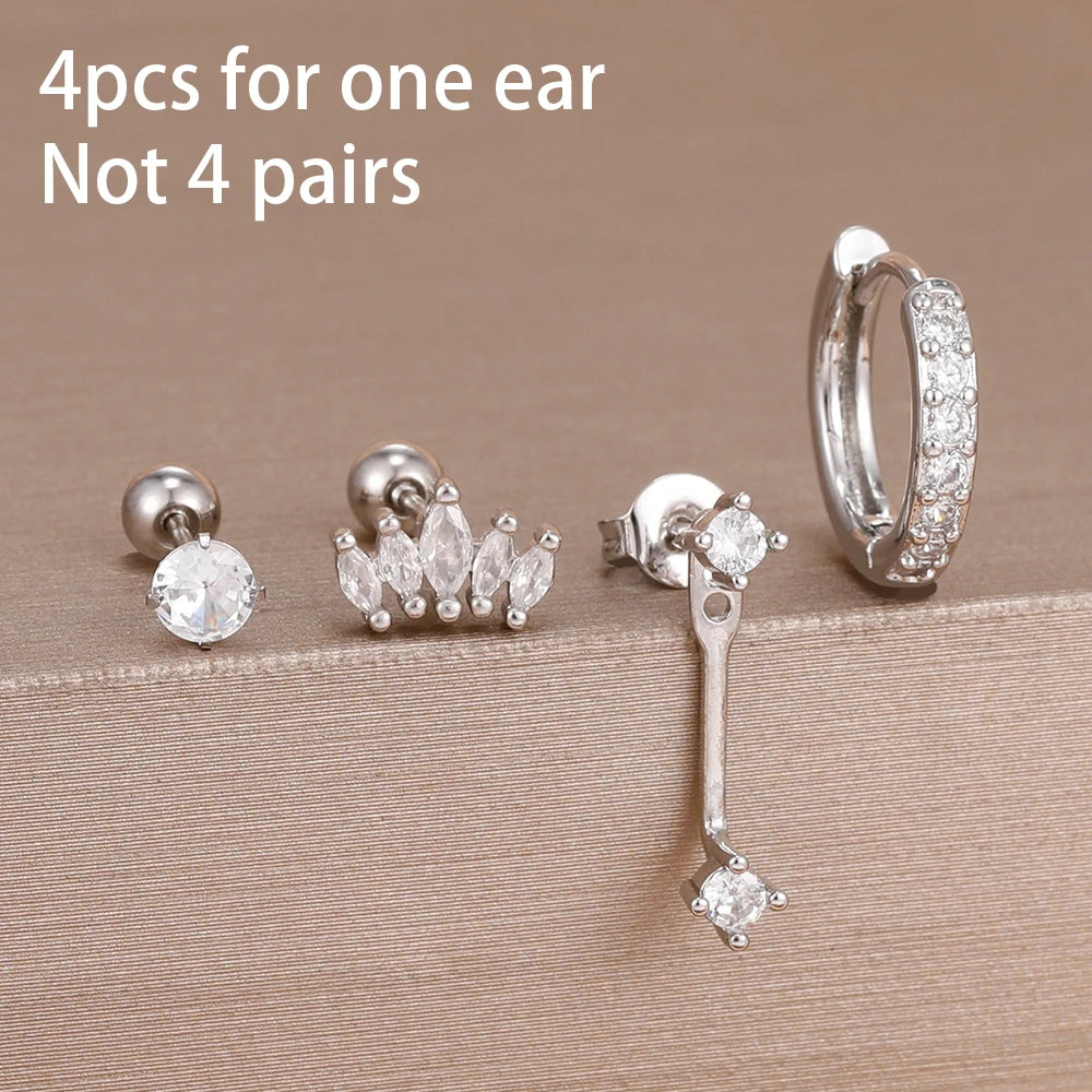 4-Pieces Zircon Star Moon Flower Small Hoop Earrings Set for Women