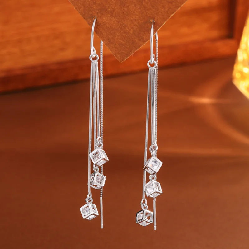 Crstal Zirconia Square Tassel Drop Earrings