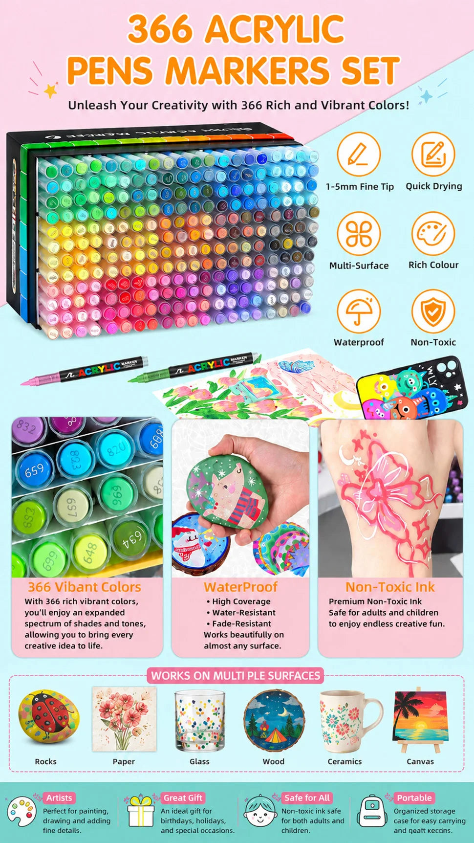 12-366 Colors Acrylic Set- Waterproof Art Brush Pens for Drawing