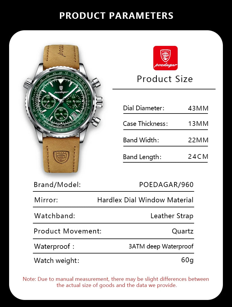 POEDAGAR Men's Luxury Business Luxury Business Watch Waterproof Choreograph Date Leather Quratz Wristwatch Date