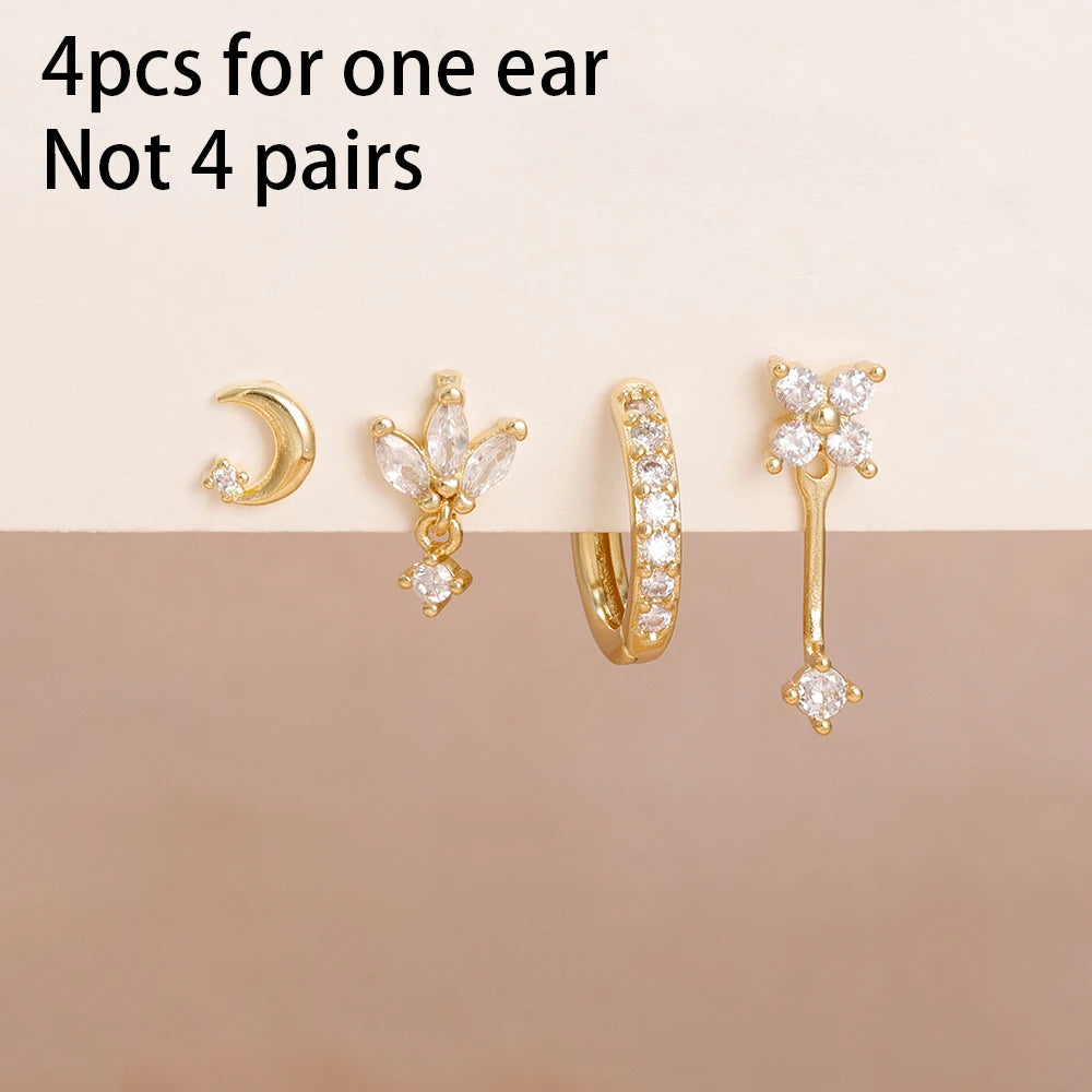 4-Pieces Zircon Star Moon Flower Small Hoop Earrings Set for Women
