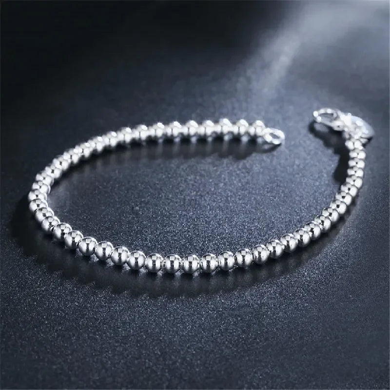925 Sterling Silver Charm Bracelet for Women 4mm Beads Chain Wedding & Party Jewelry Gift